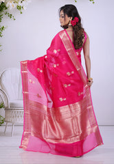 Rani Pink Pure Kora Silk Saree with Blouse Piece - Adi Akshoy & Co.