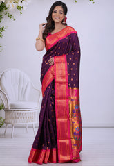 Dark Violet Paithani Silk Saree With Blouse Piece - Adi Akshoy & Co.