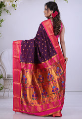 Dark Violet Paithani Silk Saree With Blouse Piece - Adi Akshoy & Co.
