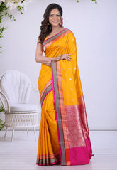 Mustard Yellow Pure Katan Silk Saree with Blouse Piece - Adi Akshoy & Co.