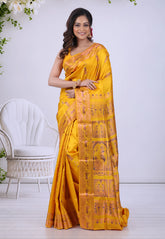 Mustard Yellow Pure Baluchari Silk Saree with Blouse Piece - Adi Akshoy & Co.