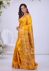 Mustard Yellow Pure Baluchari Silk Saree with Blouse Piece - Adi Akshoy & Co.