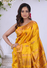 Mustard Yellow Pure Baluchari Silk Saree with Blouse Piece - Adi Akshoy & Co.