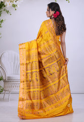 Mustard Yellow Pure Baluchari Silk Saree with Blouse Piece - Adi Akshoy & Co.