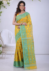 Mustard Yellow Dhakai Jamdani Cotton Saree without Blouse Piece - Adi Akshoy & Co.