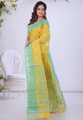 Mustard Yellow Dhakai Jamdani Cotton Saree without Blouse Piece - Adi Akshoy & Co.