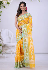 Yellow Dhakai Jamdani Cotton Saree without Blouse Piece - Adi Akshoy & Co.