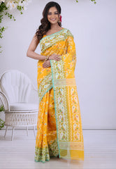 Yellow Dhakai Jamdani Cotton Saree without Blouse Piece - Adi Akshoy & Co.