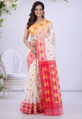 Off White Dhakai Jamdani Cotton Saree with Blouse Piece - Adi Akshoy & Co.