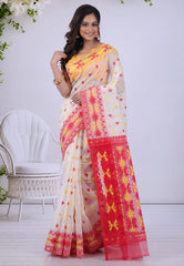 Off White Dhakai Jamdani Cotton Saree with Blouse Piece - Adi Akshoy & Co.