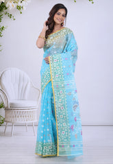 Sea Blue Dhakai Jamdani Cotton Saree without Blouse Piece - Adi Akshoy & Co.