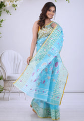 Sea Blue Dhakai Jamdani Cotton Saree without Blouse Piece - Adi Akshoy & Co.