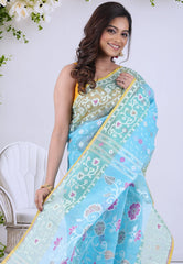 Sea Blue Dhakai Jamdani Cotton Saree without Blouse Piece - Adi Akshoy & Co.