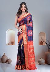 Navy Blue Pure Ikkat Silk Saree With Blouse Piece - Adi Akshoy & Co.