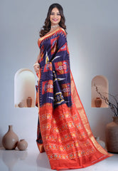Navy Blue Pure Ikkat Silk Saree With Blouse Piece - Adi Akshoy & Co.