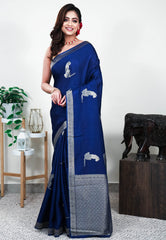 Midnight Blue Mashru Silk Saree with Blouse Piece - Adi Akshoy & Co.