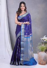 Navy Blue Kanjivaram Silk Saree with Blouse Piece - Adi Akshoy & Co.