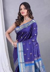 Navy Blue Kanjivaram Silk Saree with Blouse Piece - Adi Akshoy & Co.