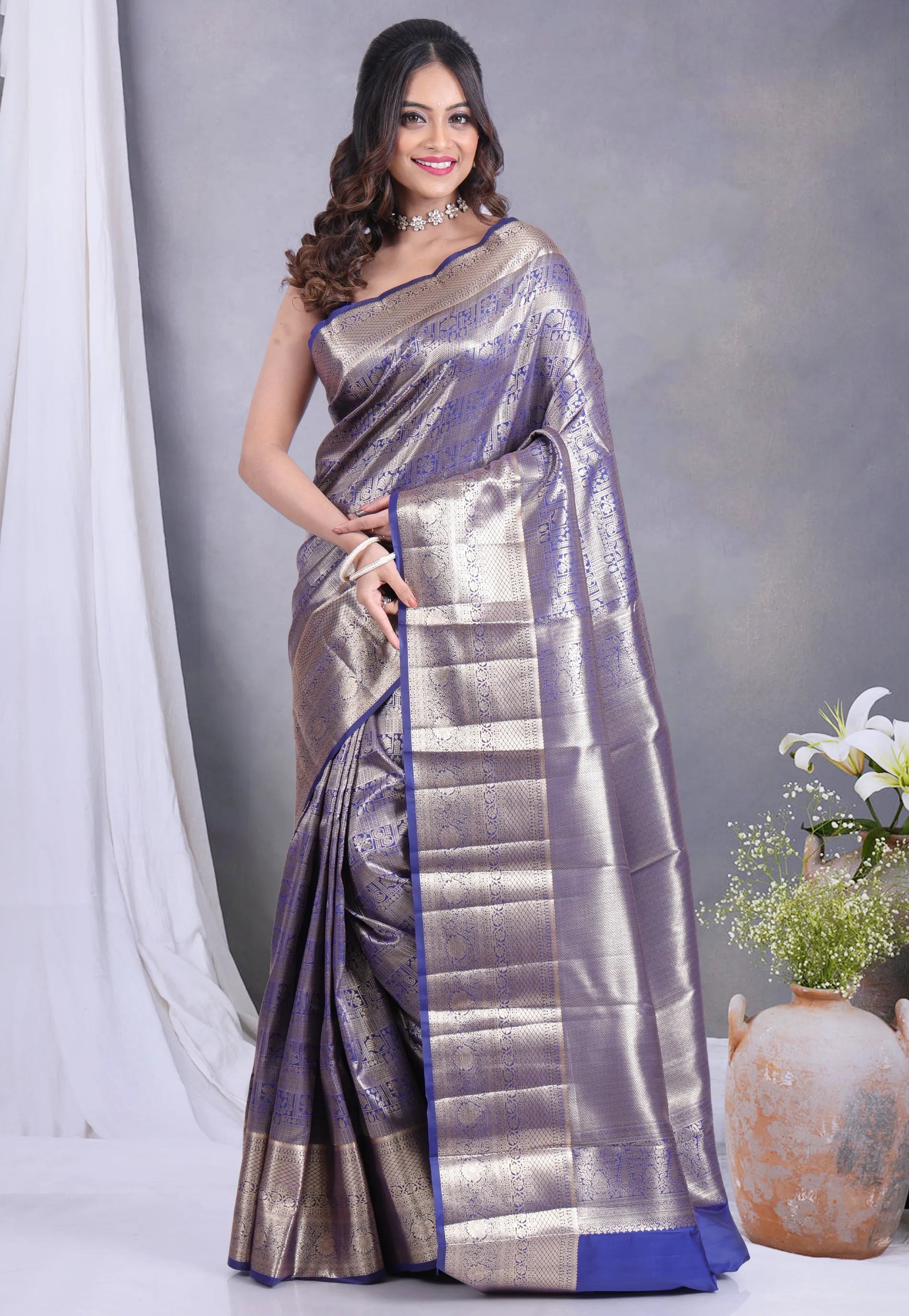 Blue Brocade Kanjivaram Silk Saree with Blouse Piece - Adi Akshoy & Co.