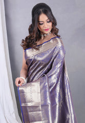 Blue Brocade Kanjivaram Silk Saree with Blouse Piece - Adi Akshoy & Co.