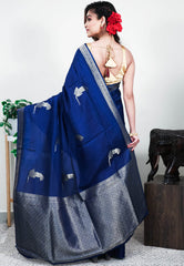 Midnight Blue Mashru Silk Saree with Blouse Piece - Adi Akshoy & Co.