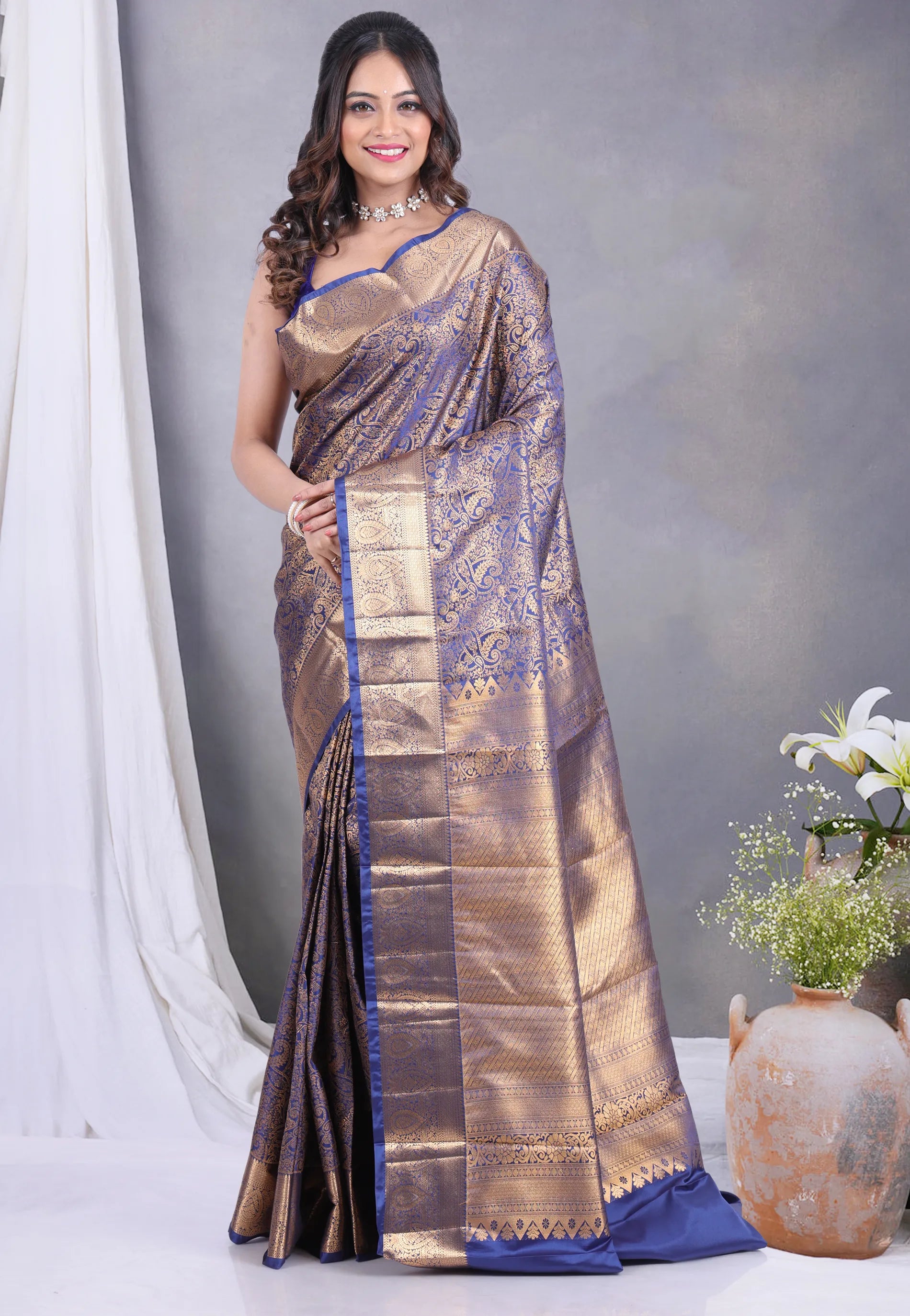 Blue Brocade Kanjivaram Silk Saree with Blouse Piece - Adi Akshoy & Co.