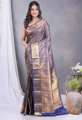 Blue Brocade Kanjivaram Silk Saree with Blouse Piece - Adi Akshoy & Co.