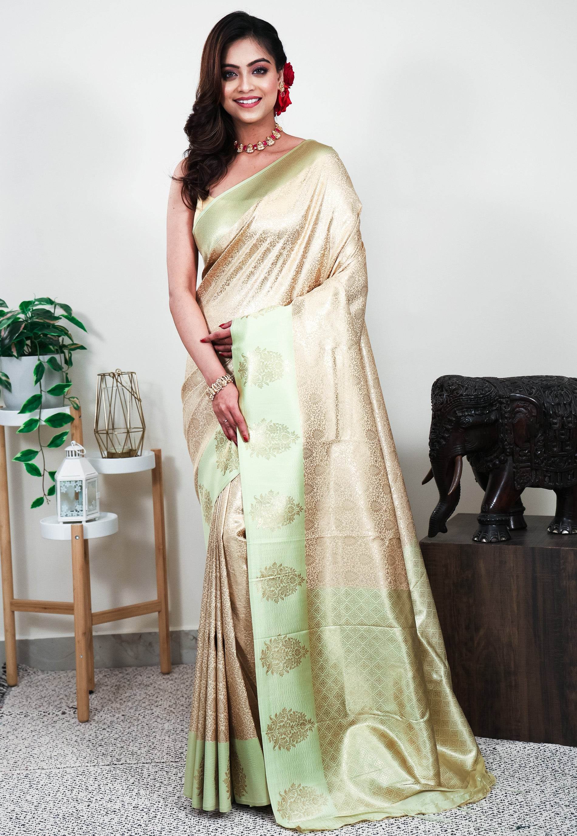 Golden Brocade Mashru Silk Saree with Blouse Piece - Adi Akshoy & Co.