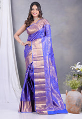 Royal Blue Brocade Kanjivaram Silk Saree with Blouse Piece - Adi Akshoy & Co.