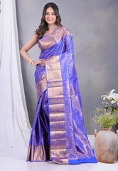 Royal Blue Brocade Kanjivaram Silk Saree with Blouse Piece - Adi Akshoy & Co.