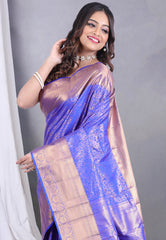 Royal Blue Brocade Kanjivaram Silk Saree with Blouse Piece - Adi Akshoy & Co.