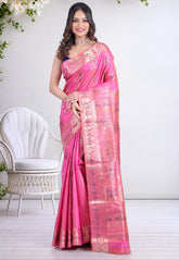 Pink Pure Baluchari Silk Saree with Blouse Piece - Adi Akshoy & Co.