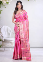 Pink Pure Baluchari Silk Saree with Blouse Piece - Adi Akshoy & Co.