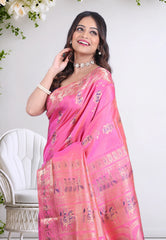 Pink Pure Baluchari Silk Saree with Blouse Piece - Adi Akshoy & Co.