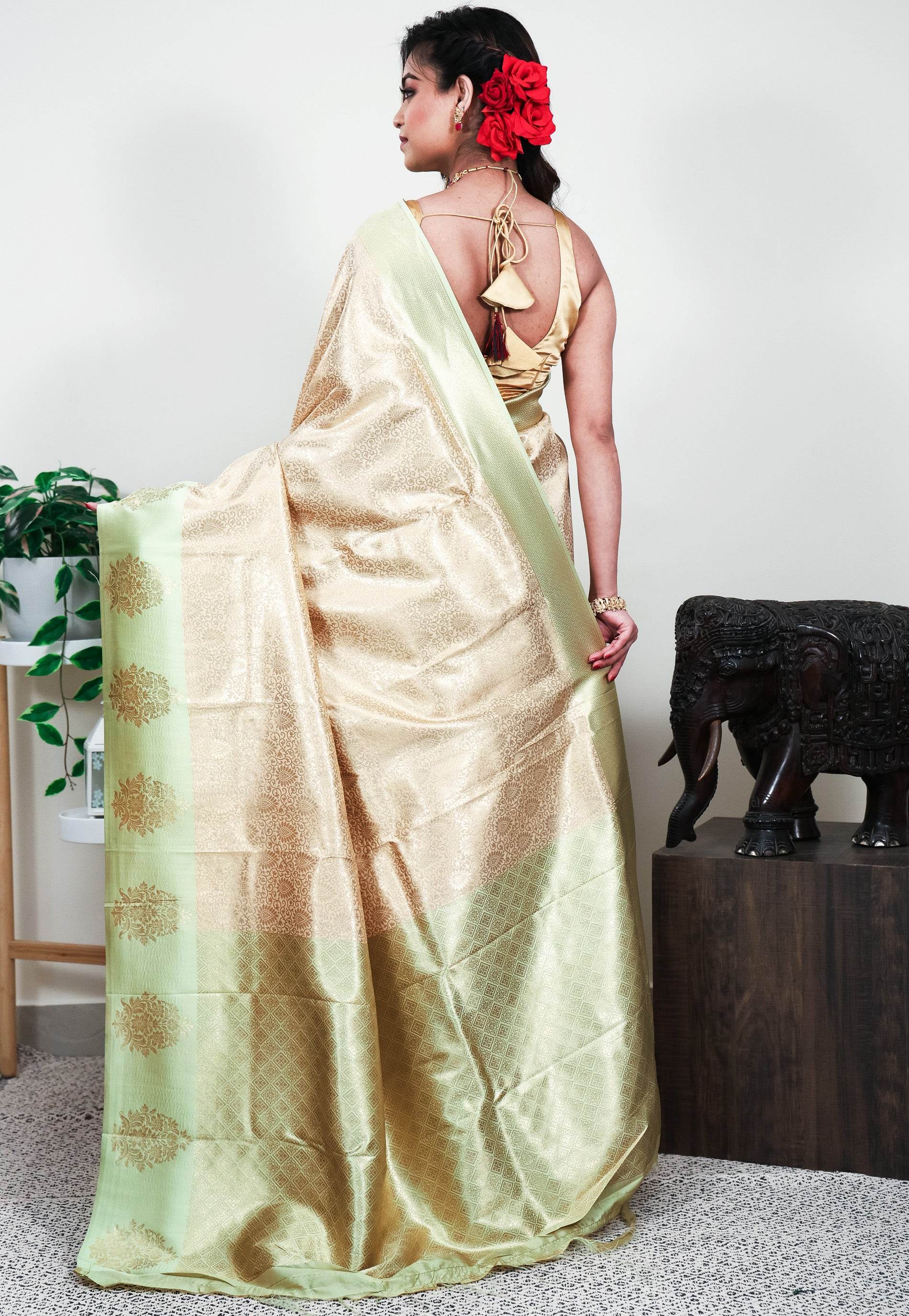 Golden Brocade Mashru Silk Saree with Blouse Piece - Adi Akshoy & Co.