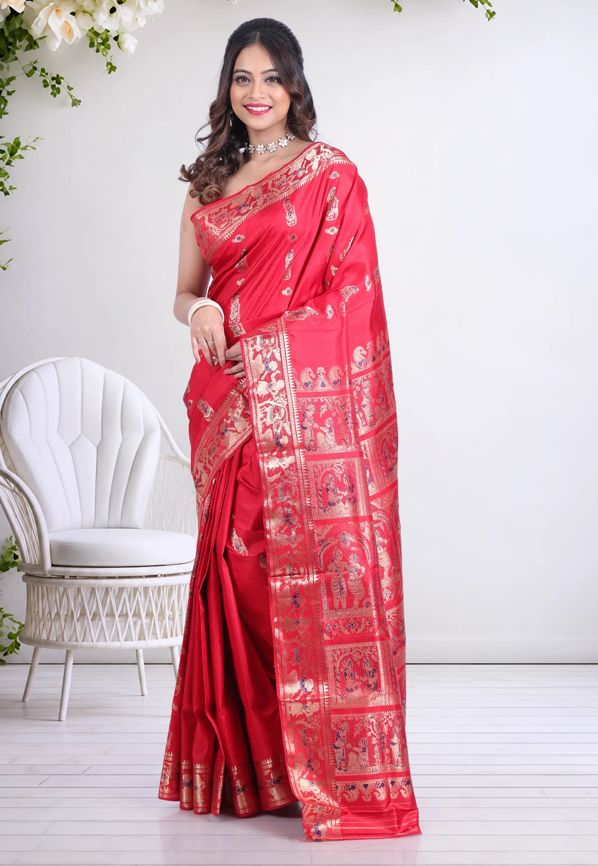 Cross Red Pure Baluchari Silk Saree with Blouse Piece - Adi Akshoy & Co.