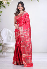 Cross Red Pure Baluchari Silk Saree with Blouse Piece - Adi Akshoy & Co.