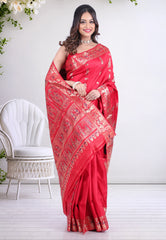 Cross Red Pure Baluchari Silk Saree with Blouse Piece - Adi Akshoy & Co.