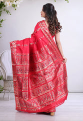 Cross Red Pure Baluchari Silk Saree with Blouse Piece - Adi Akshoy & Co.