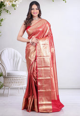 Red Brocade Kanjivaram Silk Saree with Blouse Piece - Adi Akshoy & Co.