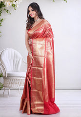 Red Brocade Kanjivaram Silk Saree with Blouse Piece - Adi Akshoy & Co.