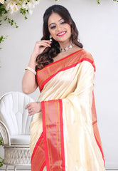 Cream Colour Pure Paithani Silk Saree With Blouse Piece - Adi Akshoy & Co.