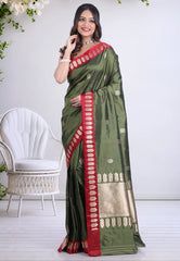 Olive Green Pure Katan Silk Saree with Blouse Piece - Adi Akshoy & Co.