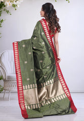 Olive Green Pure Katan Silk Saree with Blouse Piece - Adi Akshoy & Co.