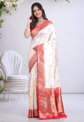 Cream Colour Pure Katan Silk Saree with Blouse Piece - Adi Akshoy & Co.