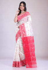 White Dhakai Jamdani Cotton Saree without Blouse Piece - Adi Akshoy & Co.