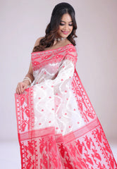White Dhakai Jamdani Cotton Saree without Blouse Piece - Adi Akshoy & Co.