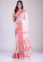 White Dhakai Jamdani Cotton Saree without Blouse Piece - Adi Akshoy & Co.