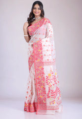 White Dhakai Jamdani Cotton Saree without Blouse Piece - Adi Akshoy & Co.
