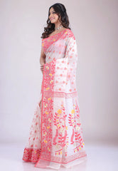 White Dhakai Jamdani Cotton Saree without Blouse Piece - Adi Akshoy & Co.